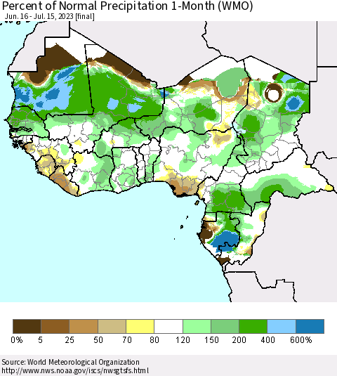 Western Africa Percent of Normal Precipitation 1-Month (WMO) Thematic Map For 6/16/2023 - 7/15/2023