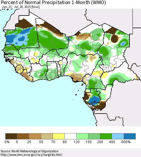 Western Africa Percent of Normal Precipitation 1-Month (WMO) Thematic Map For 6/21/2023 - 7/20/2023