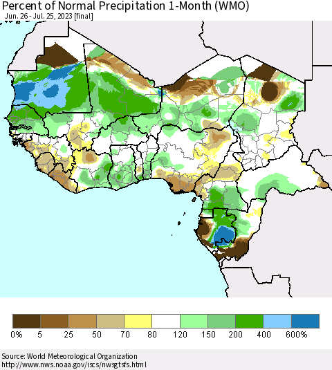 Western Africa Percent of Normal Precipitation 1-Month (WMO) Thematic Map For 6/26/2023 - 7/25/2023