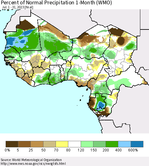 Western Africa Percent of Normal Precipitation 1-Month (WMO) Thematic Map For 7/1/2023 - 7/31/2023