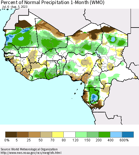 Western Africa Percent of Normal Precipitation 1-Month (WMO) Thematic Map For 7/6/2023 - 8/5/2023