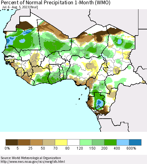 Western Africa Percent of Normal Precipitation 1-Month (WMO) Thematic Map For 7/6/2023 - 8/5/2023