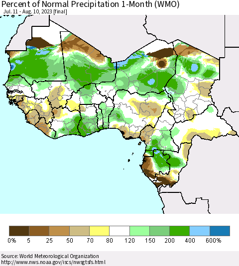 Western Africa Percent of Normal Precipitation 1-Month (WMO) Thematic Map For 7/11/2023 - 8/10/2023