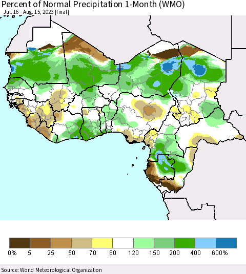 Western Africa Percent of Normal Precipitation 1-Month (WMO) Thematic Map For 7/16/2023 - 8/15/2023