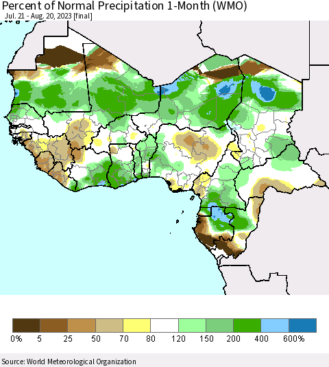 Western Africa Percent of Normal Precipitation 1-Month (WMO) Thematic Map For 7/21/2023 - 8/20/2023