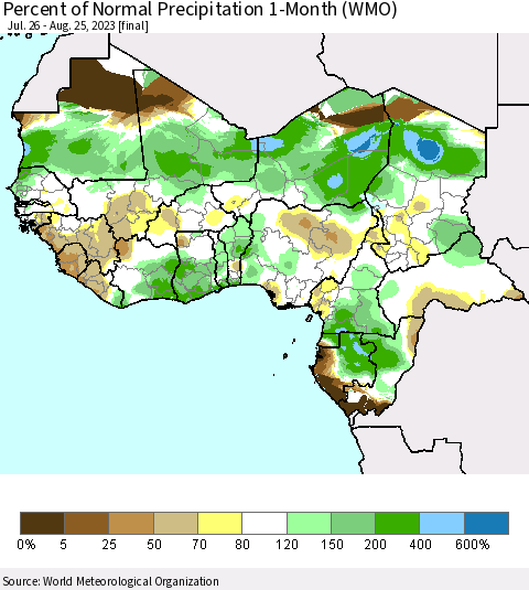 Western Africa Percent of Normal Precipitation 1-Month (WMO) Thematic Map For 7/26/2023 - 8/25/2023