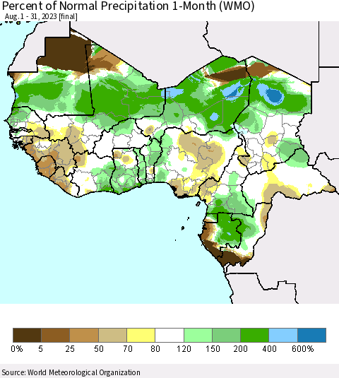 Western Africa Percent of Normal Precipitation 1-Month (WMO) Thematic Map For 8/1/2023 - 8/31/2023