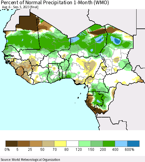 Western Africa Percent of Normal Precipitation 1-Month (WMO) Thematic Map For 8/6/2023 - 9/5/2023
