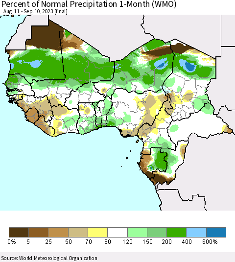 Western Africa Percent of Normal Precipitation 1-Month (WMO) Thematic Map For 8/11/2023 - 9/10/2023