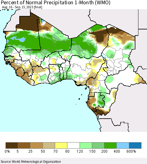 Western Africa Percent of Normal Precipitation 1-Month (WMO) Thematic Map For 8/16/2023 - 9/15/2023