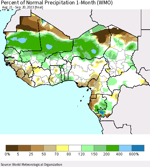 Western Africa Percent of Normal Precipitation 1-Month (WMO) Thematic Map For 8/21/2023 - 9/20/2023