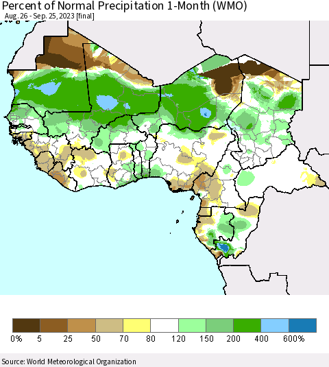 Western Africa Percent of Normal Precipitation 1-Month (WMO) Thematic Map For 8/26/2023 - 9/25/2023