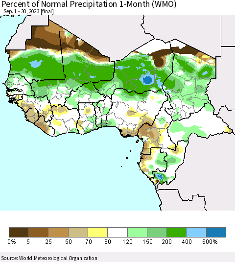 Western Africa Percent of Normal Precipitation 1-Month (WMO) Thematic Map For 9/1/2023 - 9/30/2023