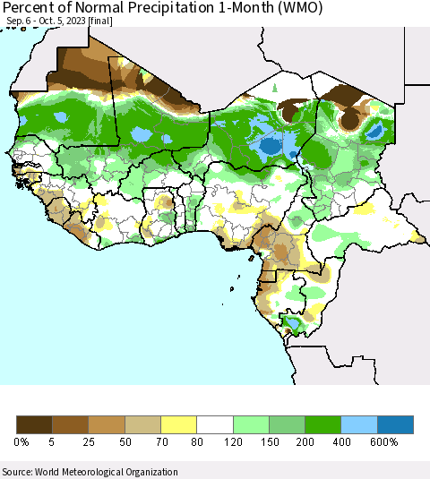 Western Africa Percent of Normal Precipitation 1-Month (WMO) Thematic Map For 9/6/2023 - 10/5/2023