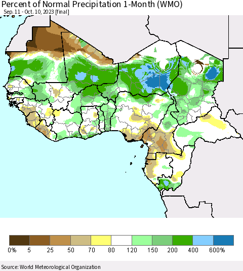 Western Africa Percent of Normal Precipitation 1-Month (WMO) Thematic Map For 9/11/2023 - 10/10/2023