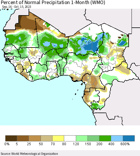 Western Africa Percent of Normal Precipitation 1-Month (WMO) Thematic Map For 9/16/2023 - 10/15/2023