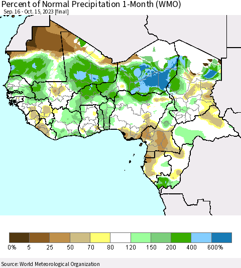 Western Africa Percent of Normal Precipitation 1-Month (WMO) Thematic Map For 9/16/2023 - 10/15/2023