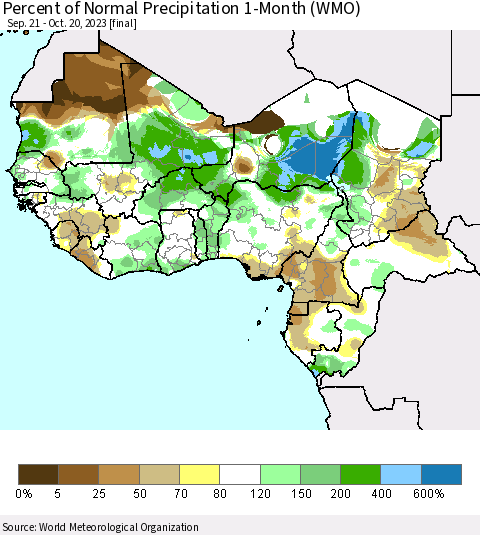 Western Africa Percent of Normal Precipitation 1-Month (WMO) Thematic Map For 9/21/2023 - 10/20/2023