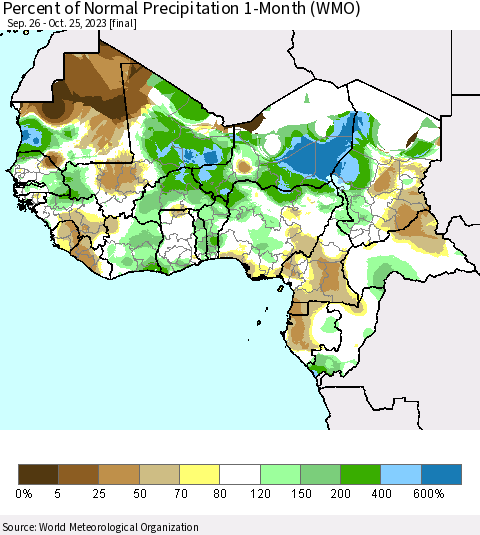 Western Africa Percent of Normal Precipitation 1-Month (WMO) Thematic Map For 9/26/2023 - 10/25/2023