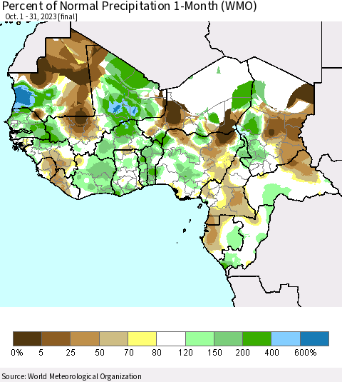 Western Africa Percent of Normal Precipitation 1-Month (WMO) Thematic Map For 10/1/2023 - 10/31/2023