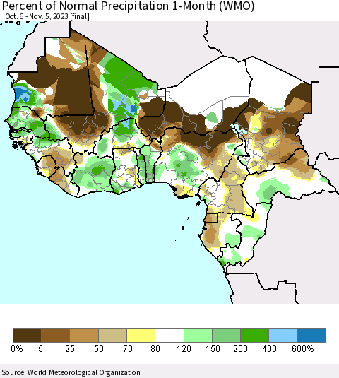 Western Africa Percent of Normal Precipitation 1-Month (WMO) Thematic Map For 10/6/2023 - 11/5/2023