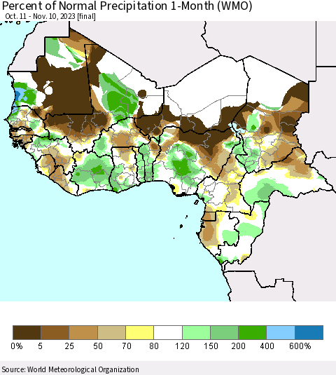 Western Africa Percent of Normal Precipitation 1-Month (WMO) Thematic Map For 10/11/2023 - 11/10/2023