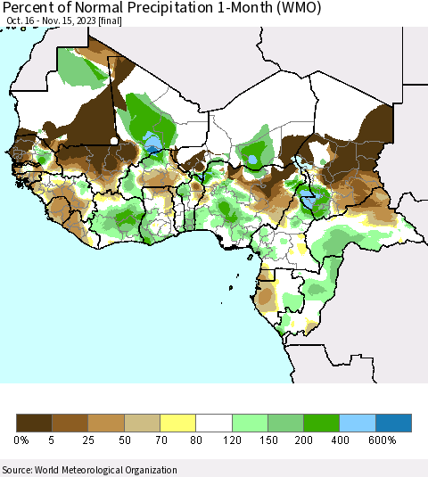 Western Africa Percent of Normal Precipitation 1-Month (WMO) Thematic Map For 10/16/2023 - 11/15/2023