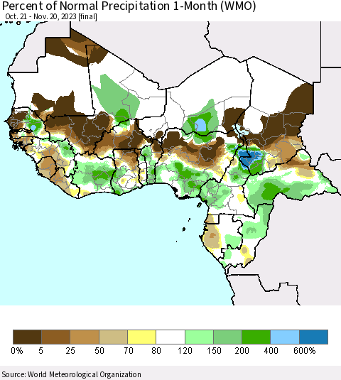 Western Africa Percent of Normal Precipitation 1-Month (WMO) Thematic Map For 10/21/2023 - 11/20/2023