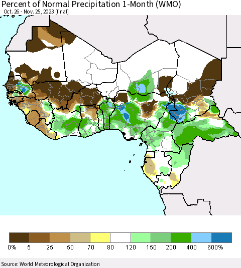Western Africa Percent of Normal Precipitation 1-Month (WMO) Thematic Map For 10/26/2023 - 11/25/2023