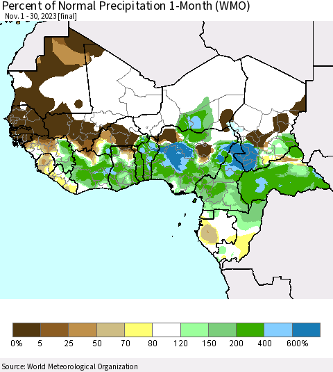 Western Africa Percent of Normal Precipitation 1-Month (WMO) Thematic Map For 11/1/2023 - 11/30/2023