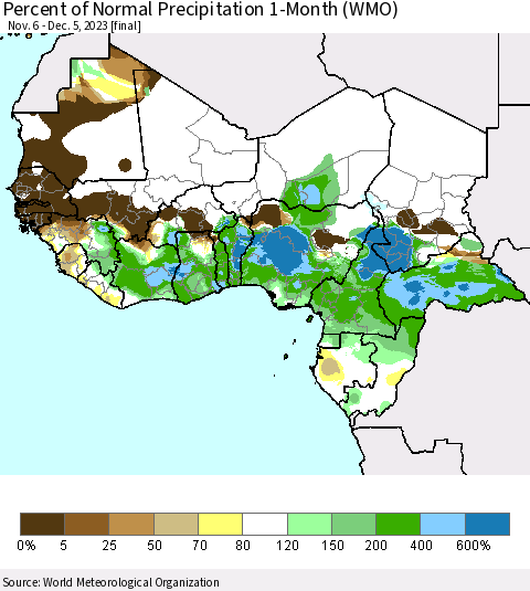 Western Africa Percent of Normal Precipitation 1-Month (WMO) Thematic Map For 11/6/2023 - 12/5/2023