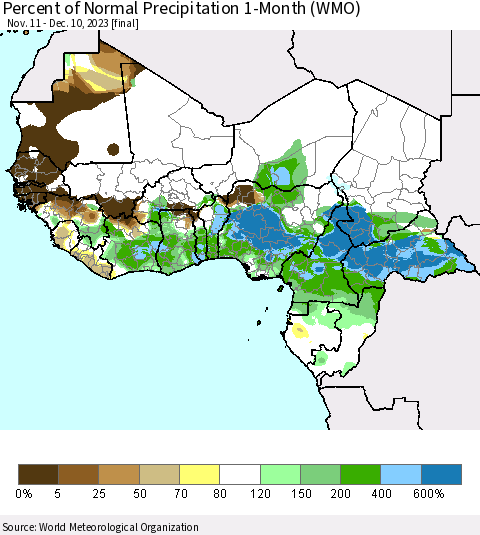 Western Africa Percent of Normal Precipitation 1-Month (WMO) Thematic Map For 11/11/2023 - 12/10/2023