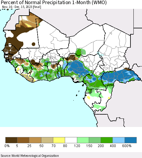 Western Africa Percent of Normal Precipitation 1-Month (WMO) Thematic Map For 11/16/2023 - 12/15/2023