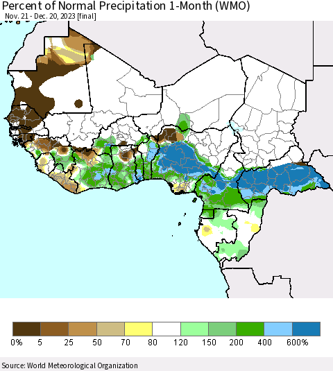 Western Africa Percent of Normal Precipitation 1-Month (WMO) Thematic Map For 11/21/2023 - 12/20/2023
