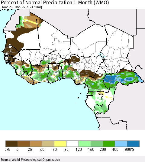 Western Africa Percent of Normal Precipitation 1-Month (WMO) Thematic Map For 11/26/2023 - 12/25/2023
