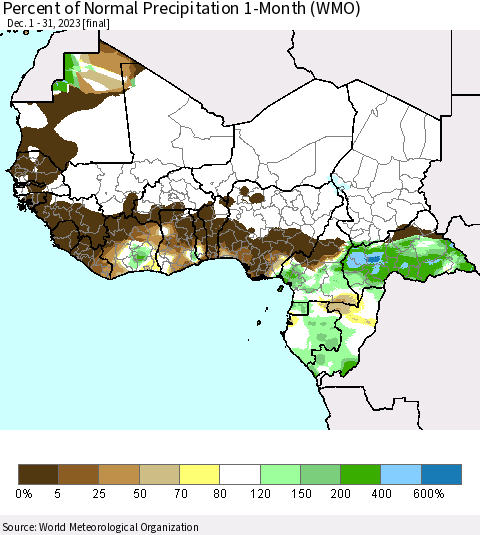 Western Africa Percent of Normal Precipitation 1-Month (WMO) Thematic Map For 12/1/2023 - 12/31/2023