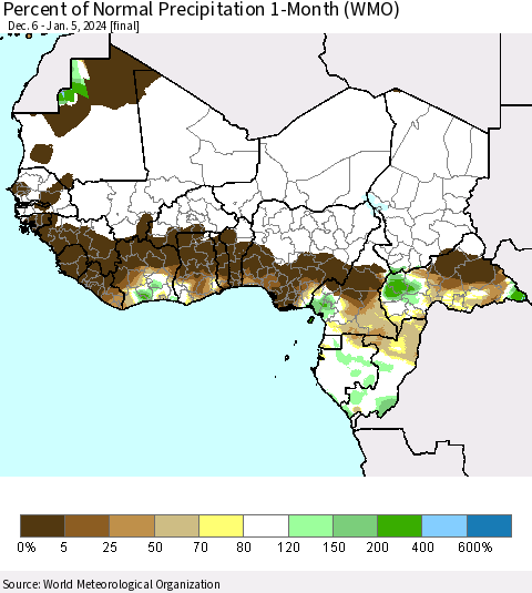 Western Africa Percent of Normal Precipitation 1-Month (WMO) Thematic Map For 12/6/2023 - 1/5/2024