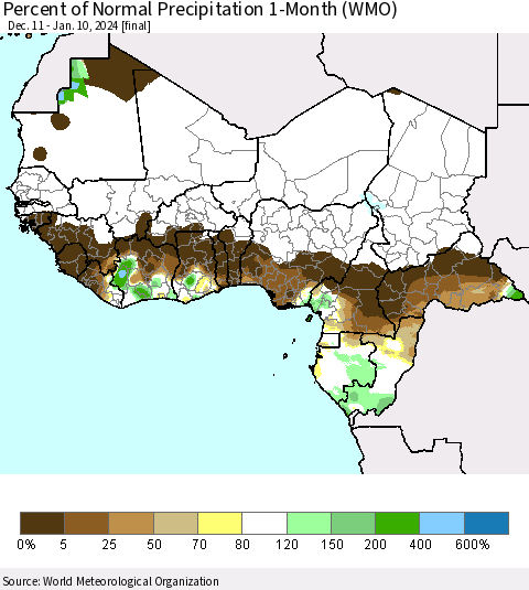 Western Africa Percent of Normal Precipitation 1-Month (WMO) Thematic Map For 12/11/2023 - 1/10/2024