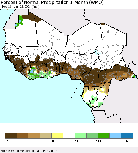 Western Africa Percent of Normal Precipitation 1-Month (WMO) Thematic Map For 12/16/2023 - 1/15/2024