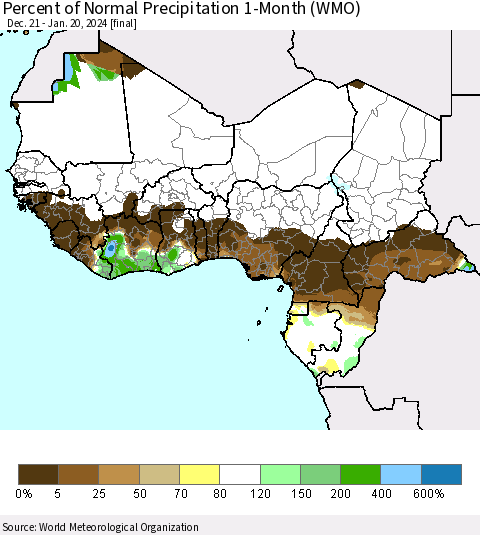 Western Africa Percent of Normal Precipitation 1-Month (WMO) Thematic Map For 12/21/2023 - 1/20/2024