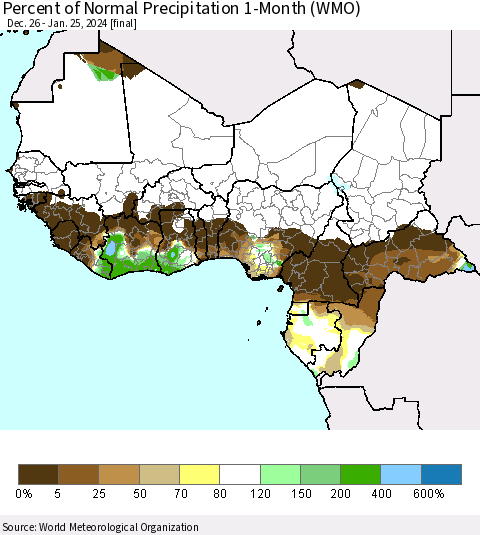 Western Africa Percent of Normal Precipitation 1-Month (WMO) Thematic Map For 12/26/2023 - 1/25/2024