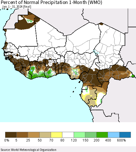 Western Africa Percent of Normal Precipitation 1-Month (WMO) Thematic Map For 1/1/2024 - 1/31/2024