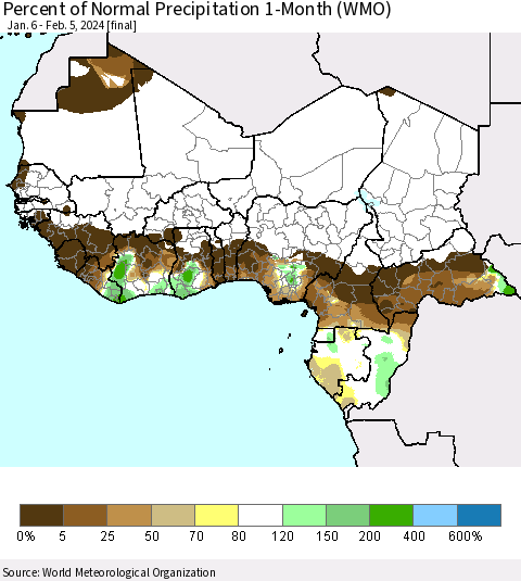 Western Africa Percent of Normal Precipitation 1-Month (WMO) Thematic Map For 1/6/2024 - 2/5/2024