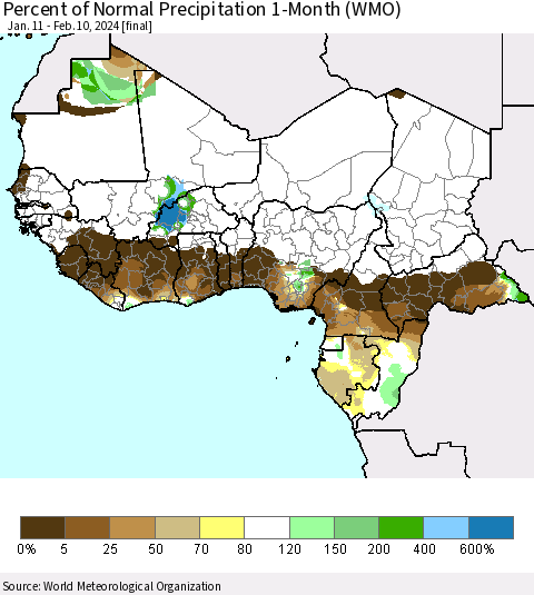 Western Africa Percent of Normal Precipitation 1-Month (WMO) Thematic Map For 1/11/2024 - 2/10/2024