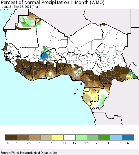 Western Africa Percent of Normal Precipitation 1-Month (WMO) Thematic Map For 1/16/2024 - 2/15/2024