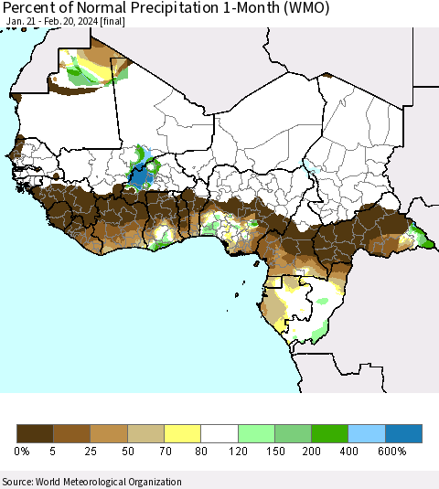 Western Africa Percent of Normal Precipitation 1-Month (WMO) Thematic Map For 1/21/2024 - 2/20/2024