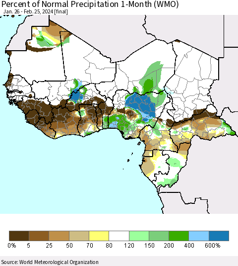 Western Africa Percent of Normal Precipitation 1-Month (WMO) Thematic Map For 1/26/2024 - 2/25/2024