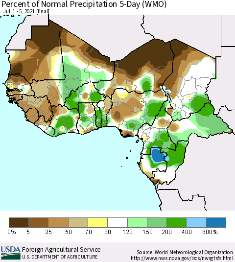 Western Africa Percent of Normal Precipitation 5-Day (WMO) Thematic Map For 7/1/2021 - 7/5/2021