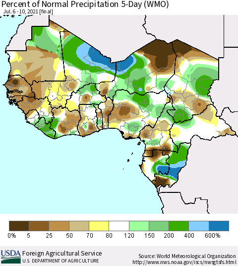 Western Africa Percent of Normal Precipitation 5-Day (WMO) Thematic Map For 7/6/2021 - 7/10/2021