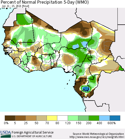 Western Africa Percent of Normal Precipitation 5-Day (WMO) Thematic Map For 7/11/2021 - 7/15/2021